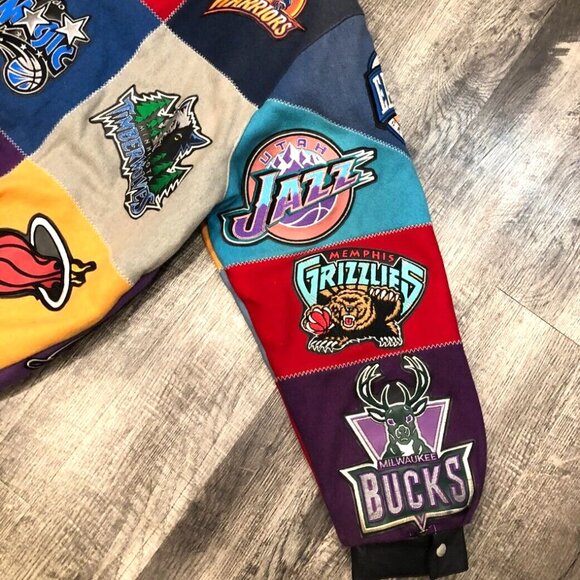 Vintage 90s Y2K Jeff Hamilton NBA Team Patchwork Jacket Mens 6XL Wool Basketball - Picture 7 of 8